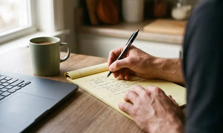 Prospective franchise owner writing a numbered list of questions on a legal pad