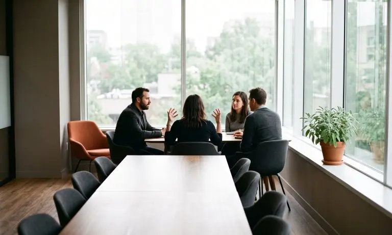 Small group in conversation around a meeting room table at a franchise discovery day