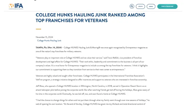 Ranked Among Top Franchises For Veterans