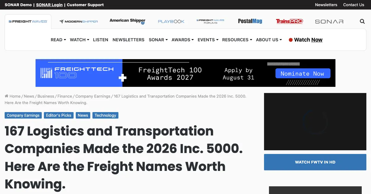 FreightWaves coverage naming College HUNKS among the moving companies on the 2026 Inc. 5000 through its franchise locations