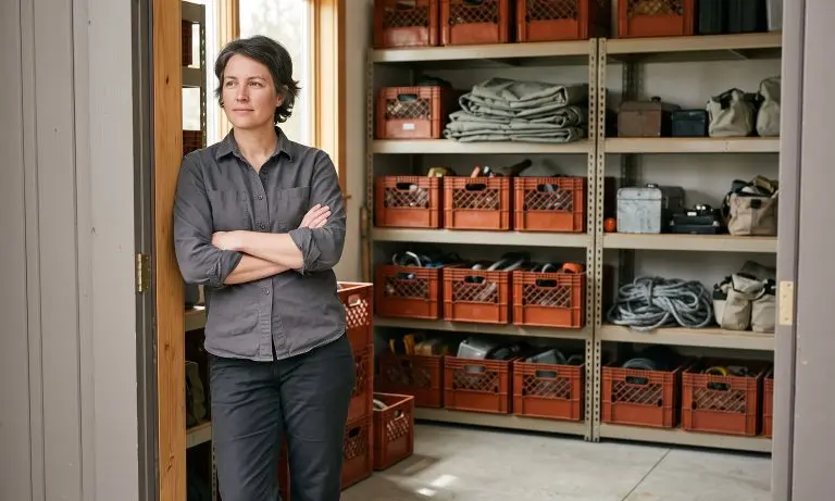 Woman franchise owner standing in the doorway of an organised equipment bay
