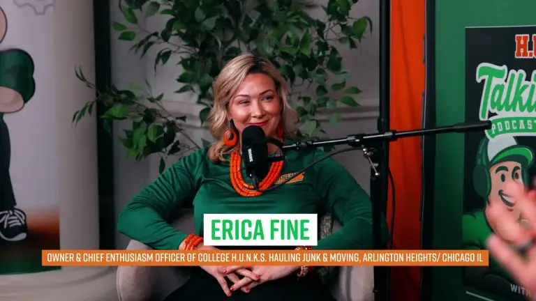 Erica Fine, owner and Chief Enthusiasm Officer of the College HUNKS Hauling Junk & Moving franchise in Arlington Heights and Chicago, Illinois, speaking on the Hunks Talking Junk podcast.