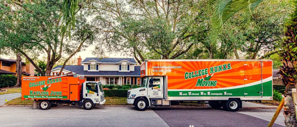 A College Hunks Hauling Junk truck and a College Hunks Moving truck parked outside the same home, the two revenue streams one franchise territory runs