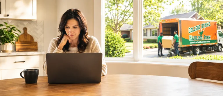 A prospective franchise owner at her kitchen table reviewing research on a laptop, with a College HUNKS truck and crew working outside the window
