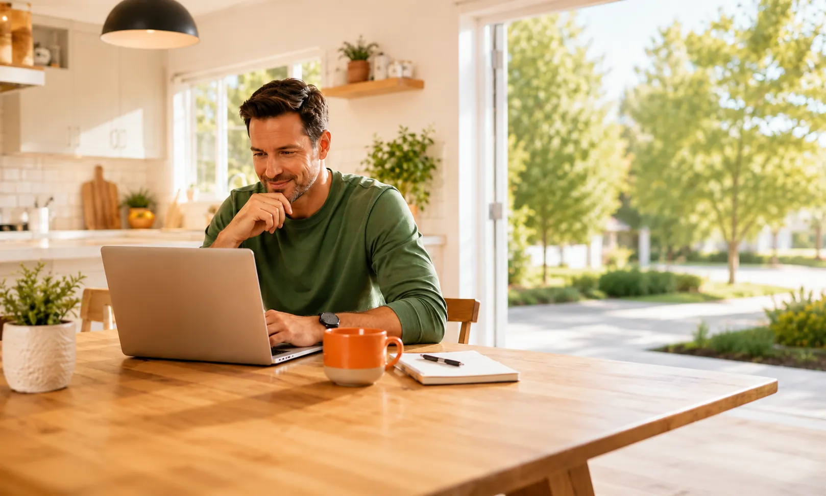 Male franchise owner reading his laptop in open air kitchen