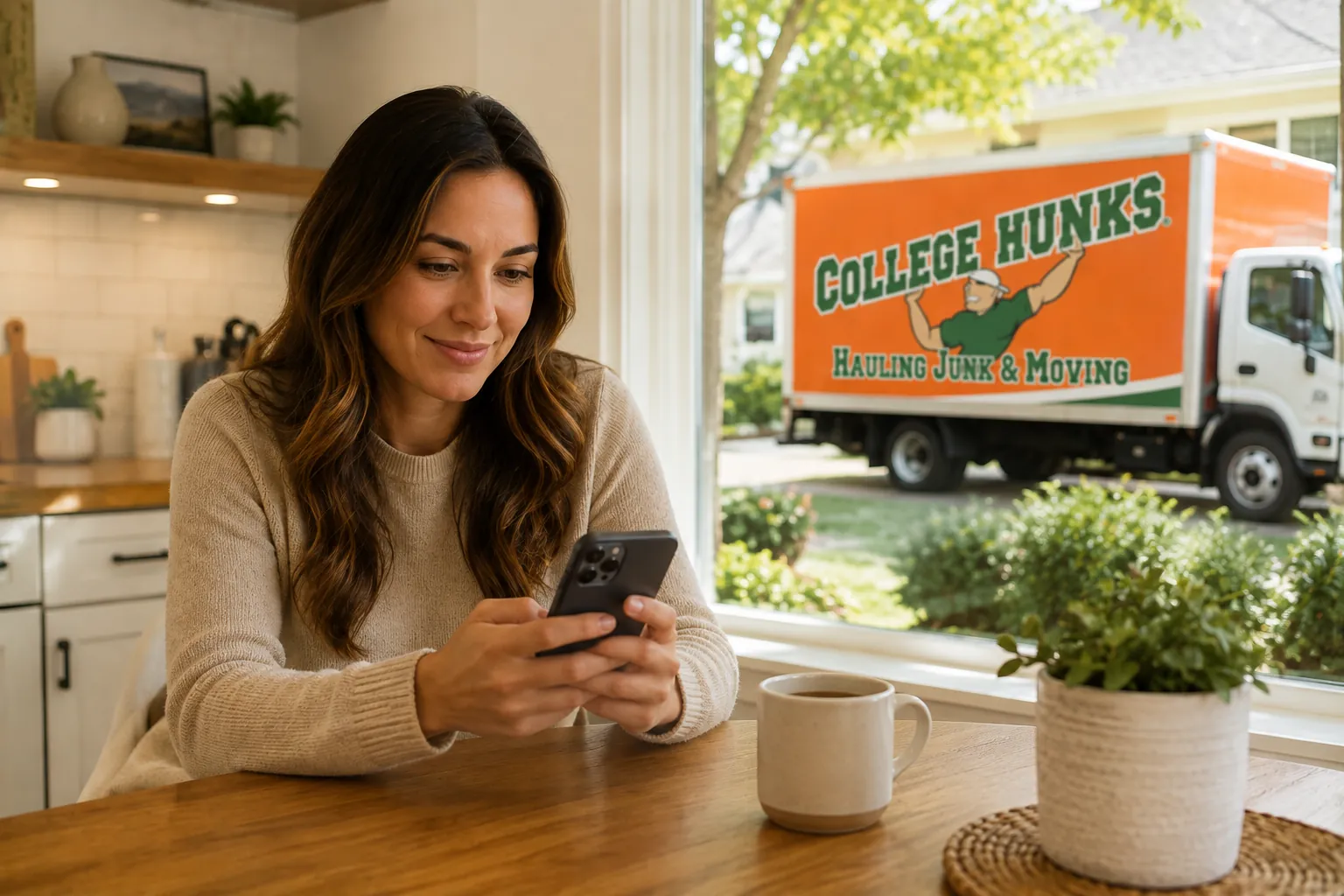 woman scrolling through phone in kitchen