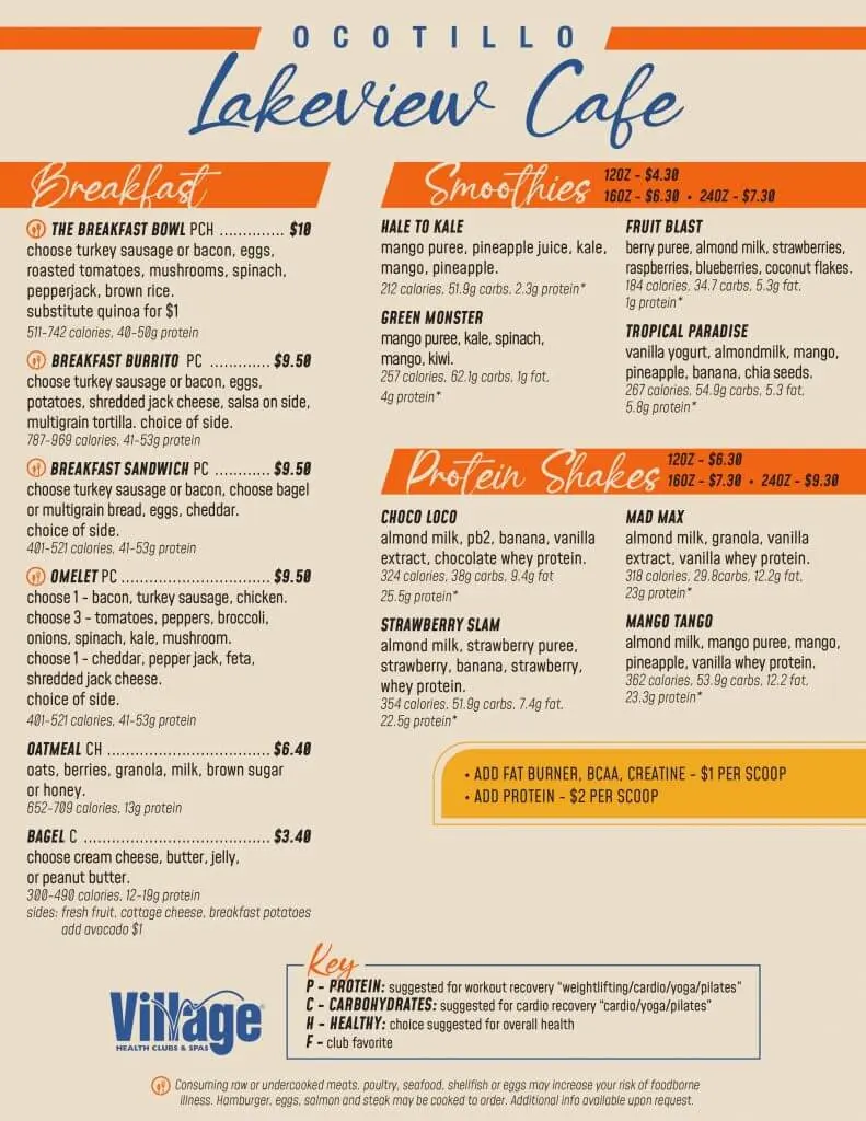 Explore the Village Clubs Ocotillo Cafe Menu with breakfast, smoothies, shakes, burritos, and nutrition info—great for fitness.