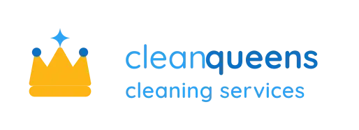 Logo for CleanQueens Cleaning Services with a yellow crown icon on the left and blue wordmark reading 'cleanqueens' and the subtitle 'cleaning services' (brand logo).
