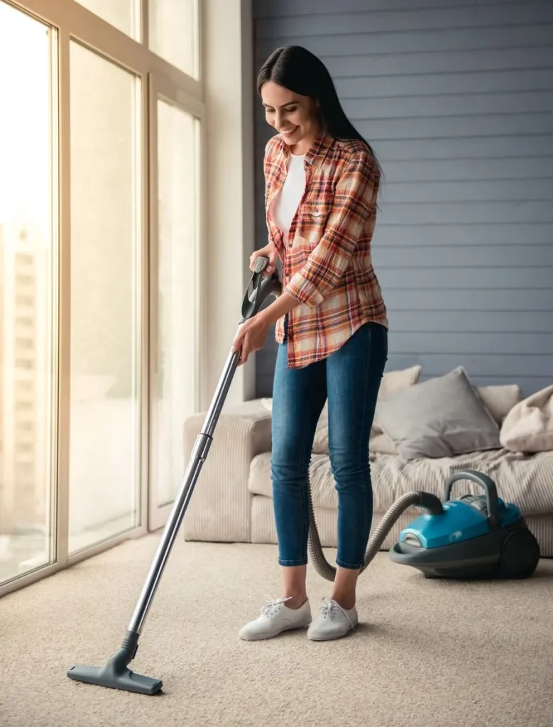 Homeowner vacuuming carpet