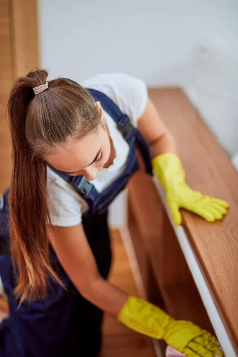 House cleaner wiping down cabinets and shelves