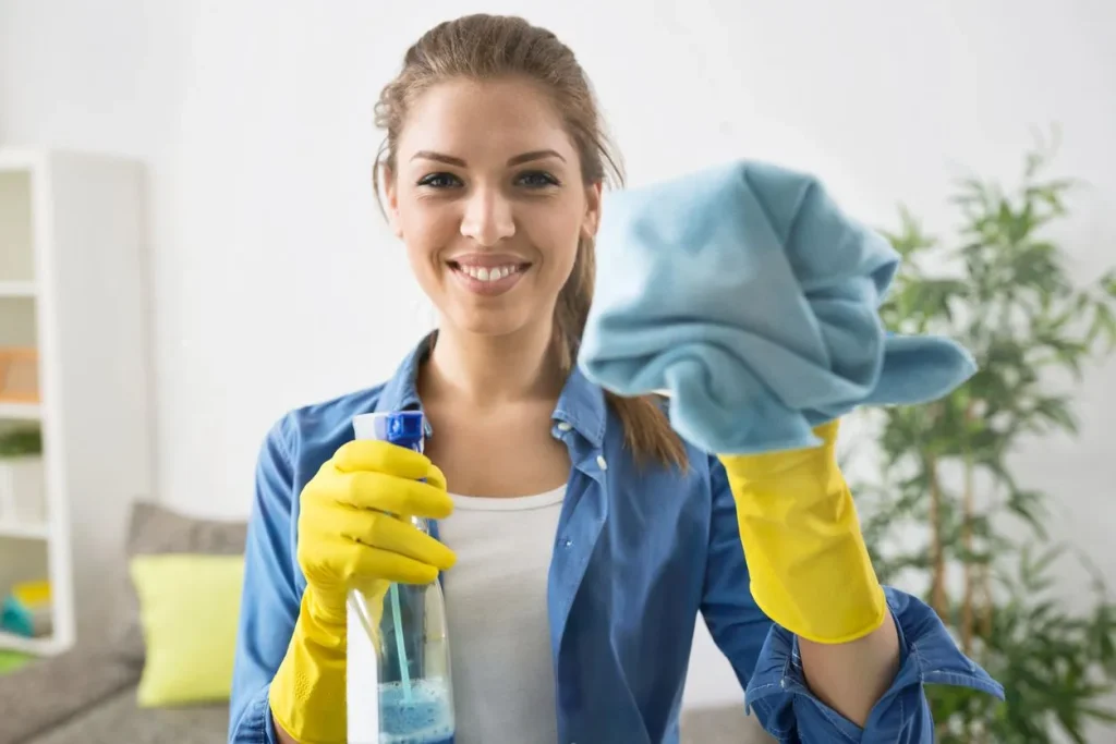 BritLin cleaner washing window with cloth and cleaning spray
