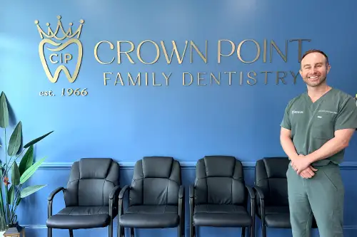 dental-office-charlotte - Crown Point Family Dentistry Photo of Dr. Chris Cerasaro in waiting room area of Crown Point Family Dentistry in Charlotte.