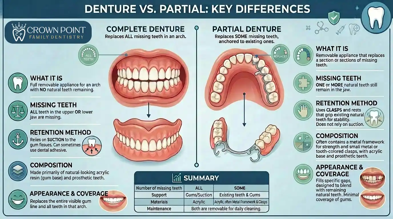 difference-between-dentures-and-partials Infographic: Full Dentures vs Partial Dentures – Key differences in design, use cases, comfort, and benefits at Crown Point Family Dentistry.