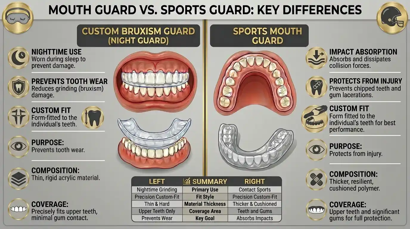 Infographic comparing night guards for teeth grinding versus custom sports mouth guards for athletic protection at Crown Point Family Dentistry in Charlotte NC