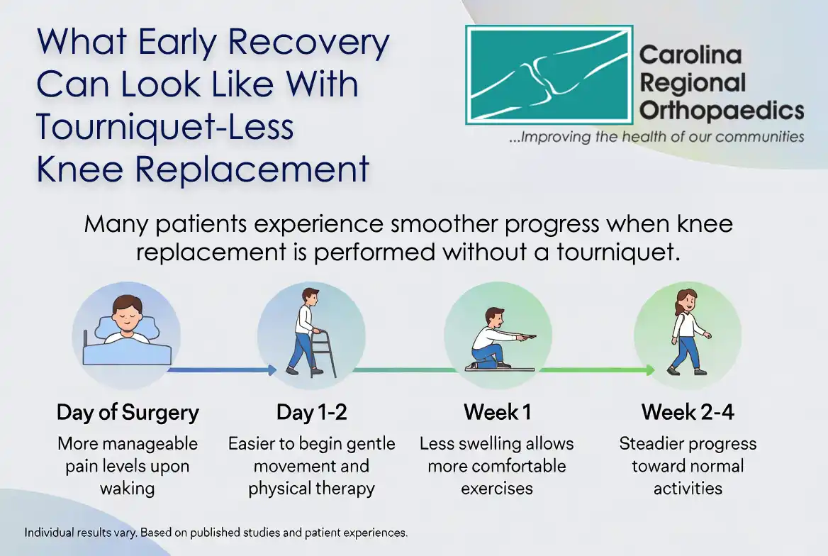 Tourniquet-less knee replacement, when paired with modern pain management, often leads to less pain right after surgery and a lower need for opioid pain pills, helping you recover more comfortably and get moving sooner.