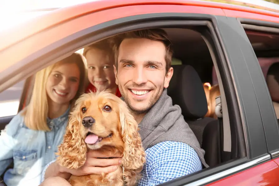 happy family and their dog sitting in their red car