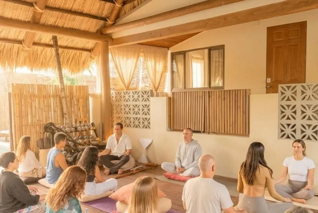 Group meditation session at SILA Miami's jungle-inspired third space wellness community in Upper Buena Vista, FL
