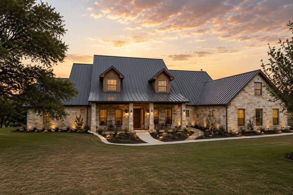 Twilight glow over modern farmhouse home