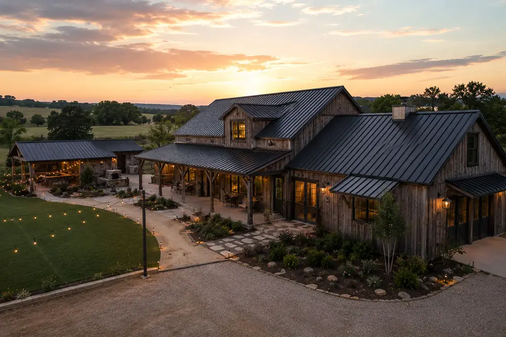 Rustic barn house at sunset