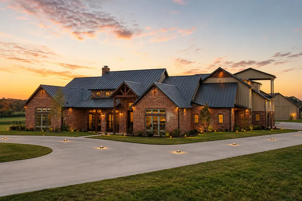 Rustic farmhouse at sunset glow