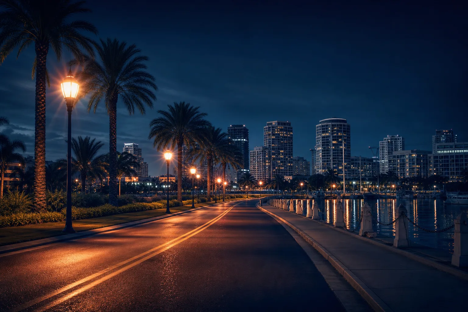 A quiet St. Petersburg road at night representing FR-44 after a DUI in Pinellas County
