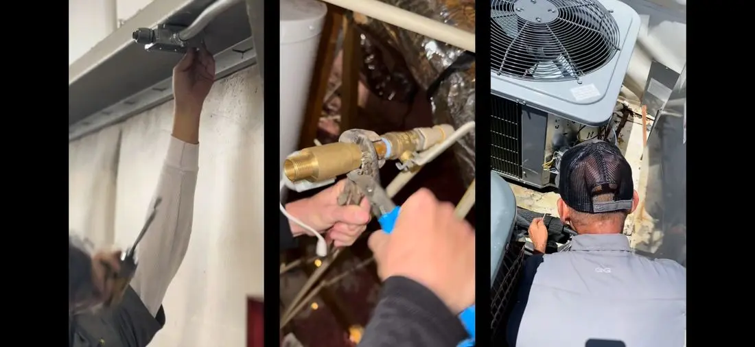 Technician inspecting HVAC system components in attic