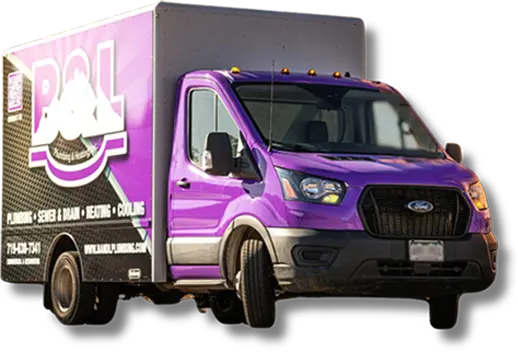 B&L Plumbing service van in purple and black, featuring plumbing, heating, and cooling services, parked and ready for emergency calls in Colorado Springs.