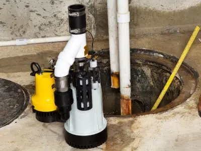 Backup sump pumps in a basement setting, featuring a yellow and white pump next to a sump pit, illustrating flood protection solutions for homeowners.