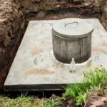 Concrete septic tank lid with dug-out earth, emphasizing maintenance needs during spring rains.