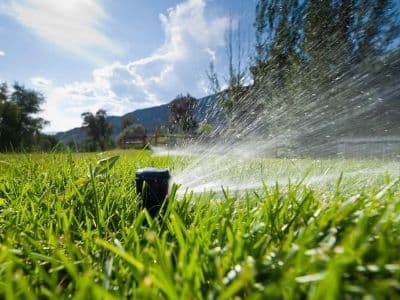 Sprinkler system spraying water on lush green grass, illustrating outdoor plumbing fixtures related to potential clogs and maintenance.