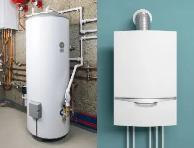 Image depicting two types of water heaters: a tall, cylindrical traditional water heater and a compact, modern tankless water heater, highlighting options for homeowners considering water heater utility types.
