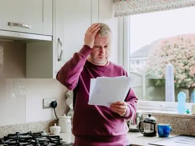 Man in a kitchen looking concerned while holding documents, reflecting anxiety over air conditioning issues and refrigerant leaks.