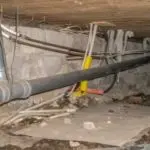 Black and gray pipes with electrical wiring in a dimly lit industrial space, showing potential plumbing issues.