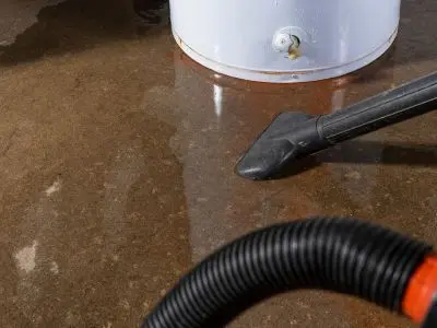 Water heater with visible water leak on floor, vacuum hose nearby, indicating signs of malfunction and need for repair.