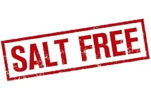 Salt-free water softener label emphasizing "SALT FREE" in bold red text, relevant to non-sodium-based water treatment options discussed in plumbing articles.