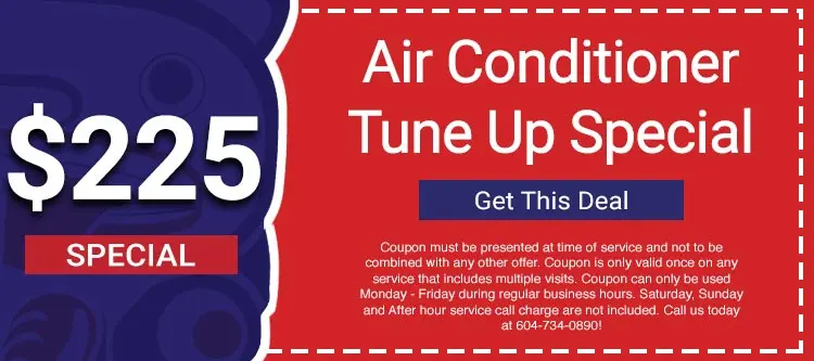 Air Conditioner Tune Up Special advertisement featuring a $225 offer, encouraging contact for maintenance services, relevant to Lambert Plumbing & Heating, Ltd. in Vancouver.