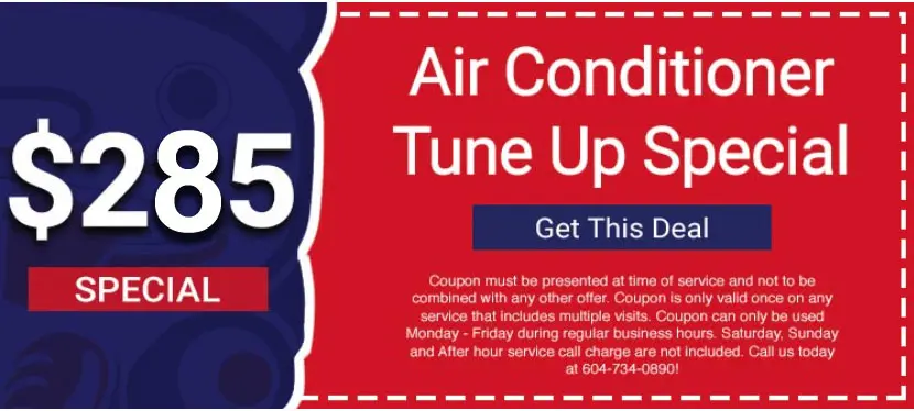 Air Conditioner Tune Up Special coupon for $285, highlighting service offer from Lambert Plumbing & Heating, Ltd. in Vancouver.