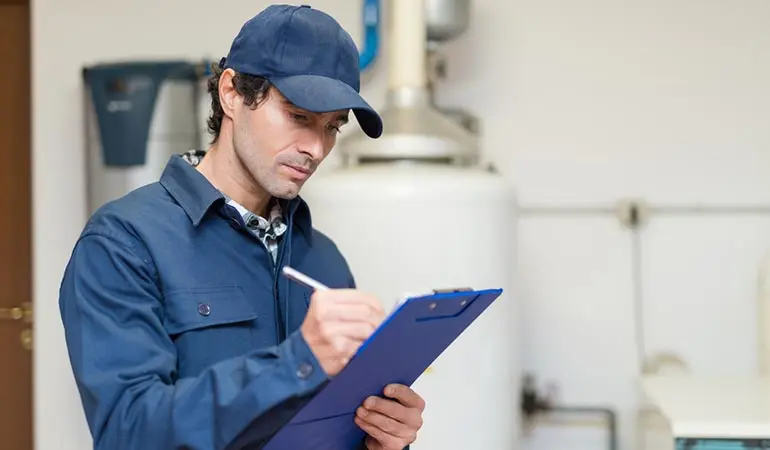 Plumber inspecting integrated space water heating system, taking notes on clipboard in service setting.