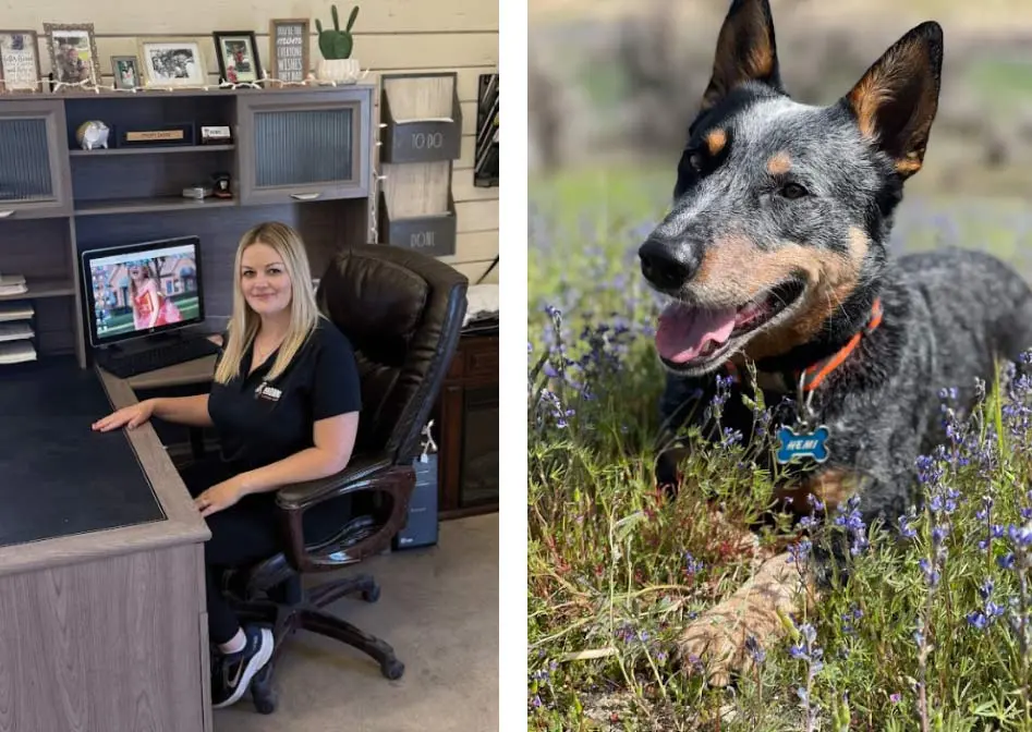 manager Tiffany Schreiber and the dog of browns garage door