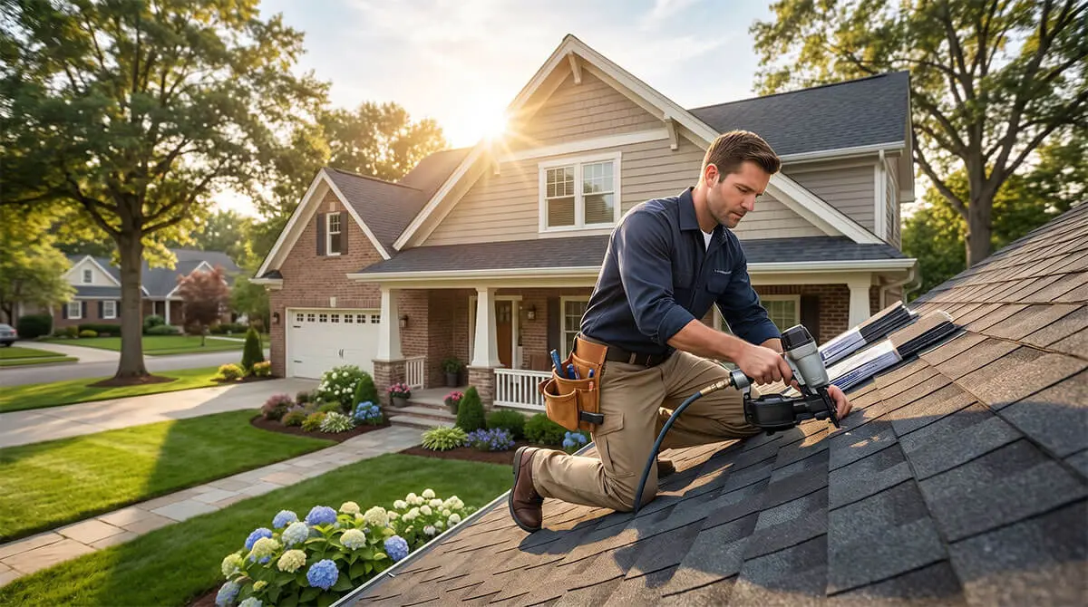 Roofer Working on Residential Roof