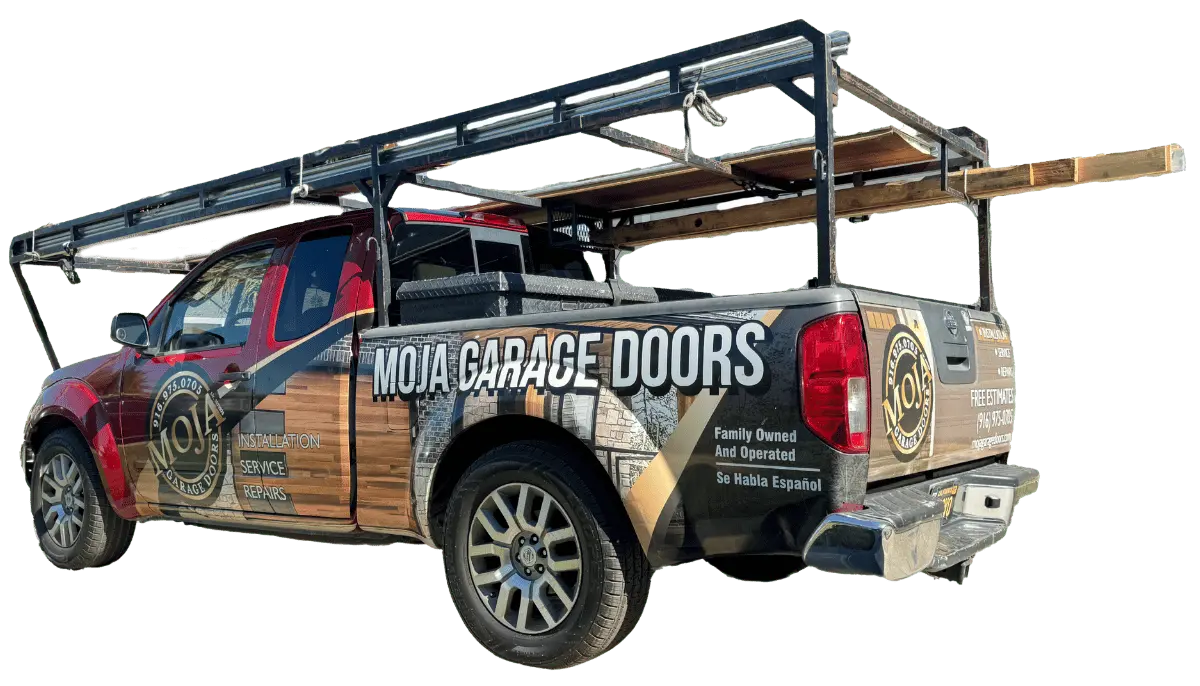 MOJA garage door repair truck in Sacramento service vehicle on site