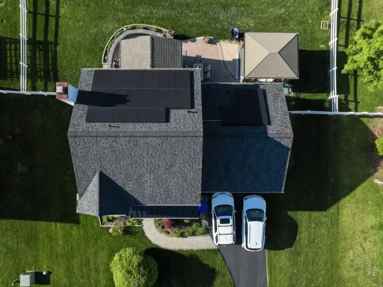 Aerial view of a roof with solar panels