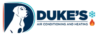Duke's Air Conditioning and Heating logo featuring a dog, emphasizing customer service and comfort.