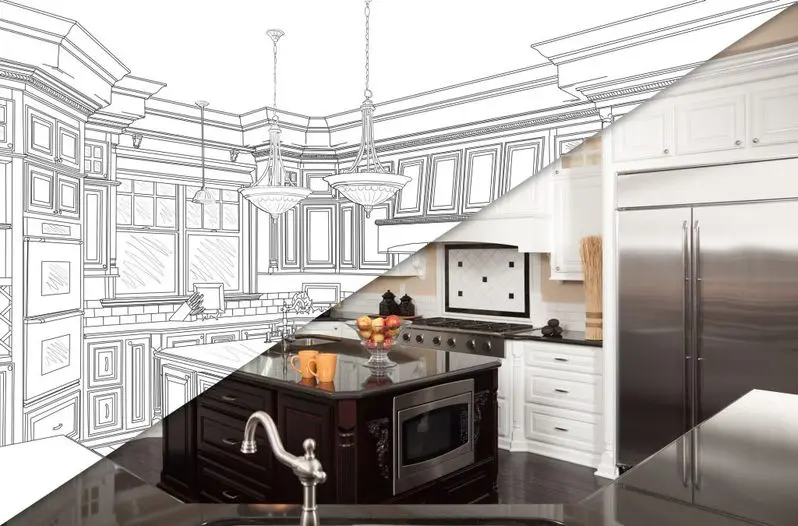 diagonal split screen of drawing and photo of new kitchen