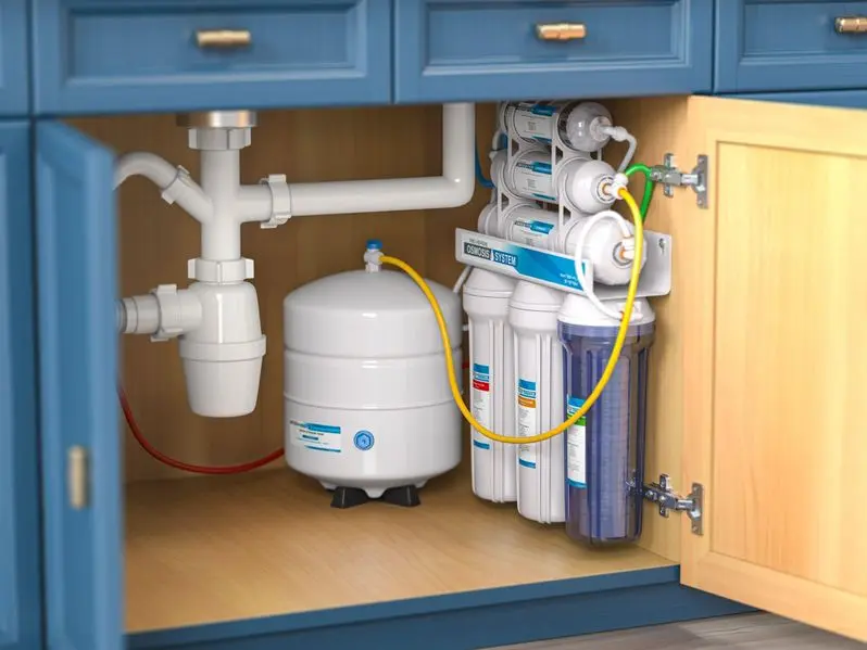 Reverse Osmosis system under a sink needing a filter change