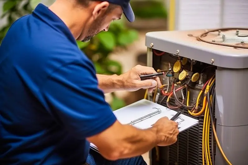 HVAC professional doing a routine AC unit inspection