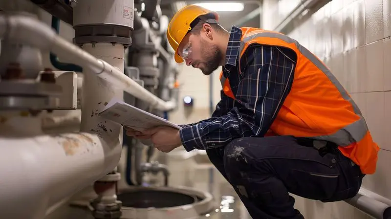 Plumber Inspecting Drains: At a commercial building