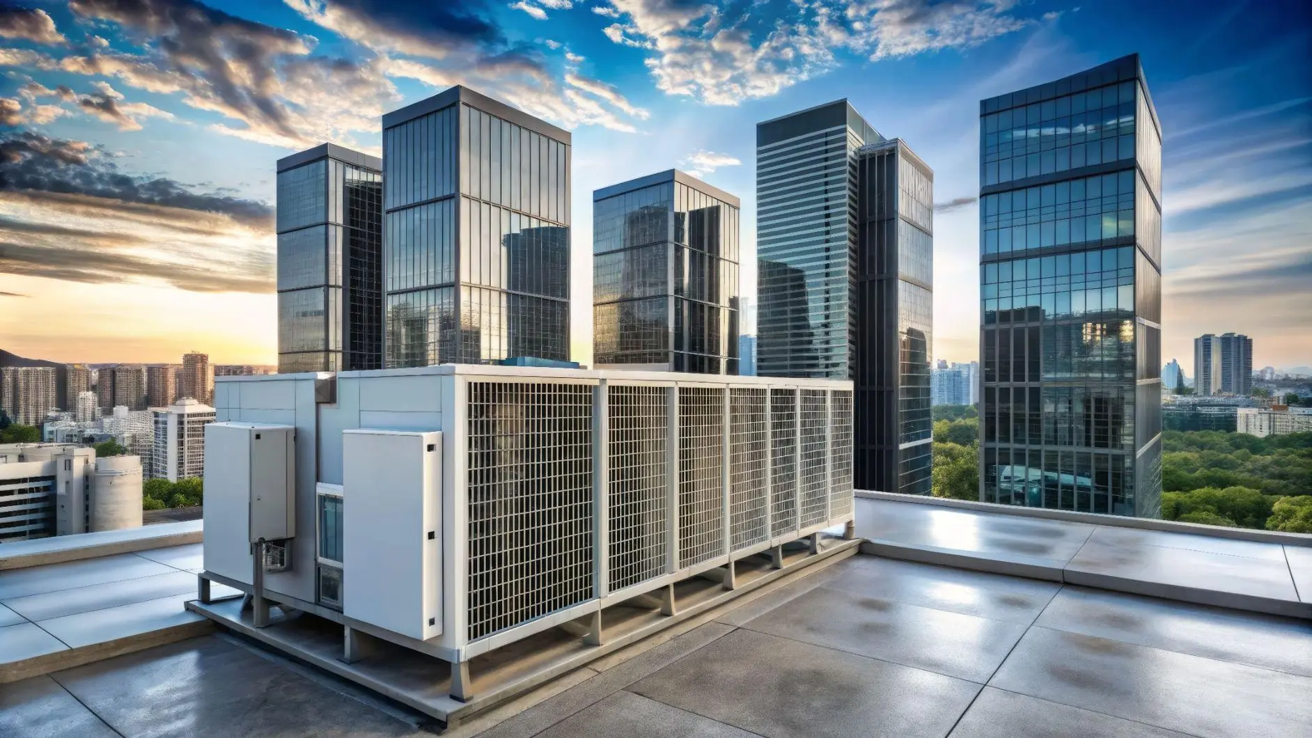 Modern commercial building rooftop with hvac units