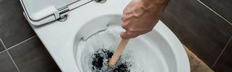 plumber using plunger in toilet bowl during flushing