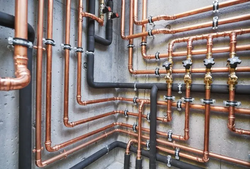 copper pipeline of a heating system in boiler room